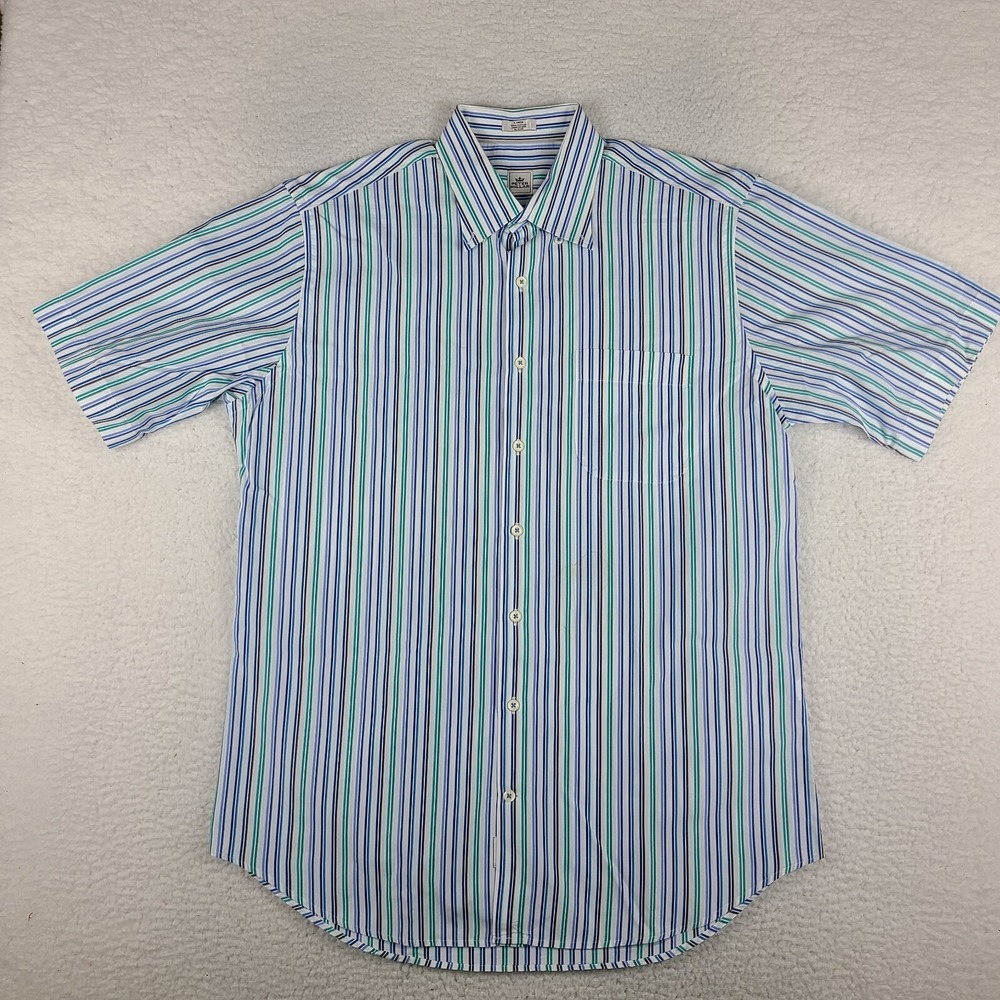 Peter Millar Shirt Mens Large Blue Green White Striped Casual Cotton Button Up *